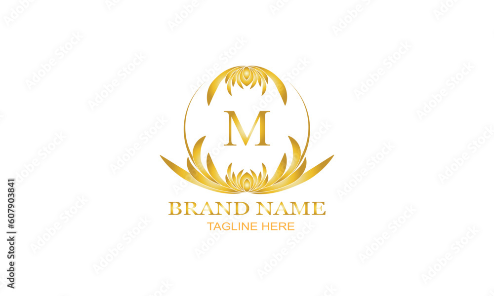 Fototapeta premium Gold luxury logo, elegant monogram vector design with initial letter M on white background.