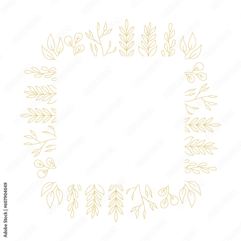 Golden Squared botanical frame vector. Hand drawn golden floral borders. Wedding square frame Golden Squared botanical frame vector. Hand drawn golden floral borders. Wedding square frame
