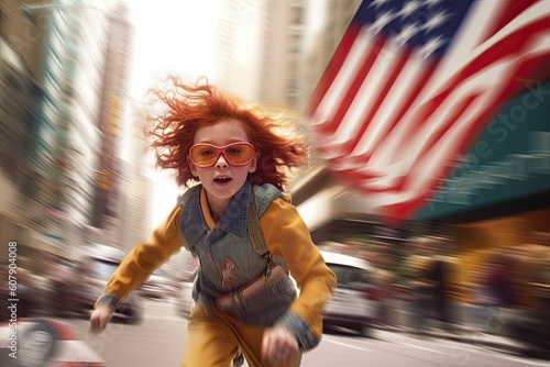 little girl with a American flag painted jetpack flying through new york celebrating 4th of july or independence day,generative ai. photo