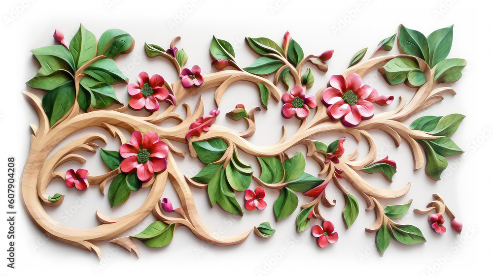 Painted wood carving, bas relief style floral design with carved branches, green leaves, and reddish pink flowers, on white background. Abstract illustration created with Generative AI technology. Painted wood carving, bas relief style floral design with carved branches, green leaves, and reddish pink flowers, on white background. Abstract illustration created with Generative AI technology.