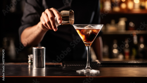 Barman in bar interior making alcohol cocktail. Professional bartender pours drink with a strainer