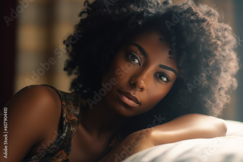 Close up portrait of a beautiful young African or American woman looking at the camera. AI Generative
