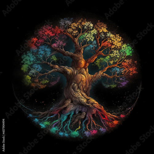 Tree of life in rainbow colors on black background, Generative AI