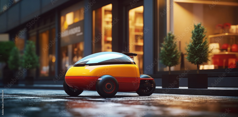 Autonomous delivery robot, Self-driving red and orange robot in the city. Generative AI