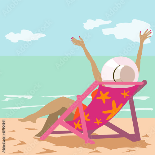 chica tumbada en una tumbona o hamaca en la playa con los brazos en alto feliz de vacaciones vista desde atrás un día caluroso de verano