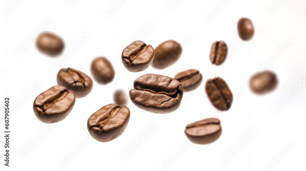 Coffee beans flying levitating on white background. AI generative Coffee beans flying levitating on white background. AI generative