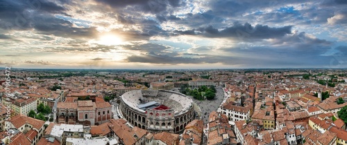 Panoramic aerial view of Verona at sunset with the Verona Arena in the center. Veneto, Italy photo