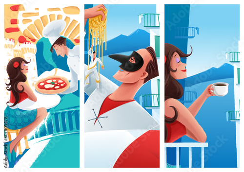 set of naples illustrations with pizza chef and woman drinking coffee and puffin with spaghetti © mollicart