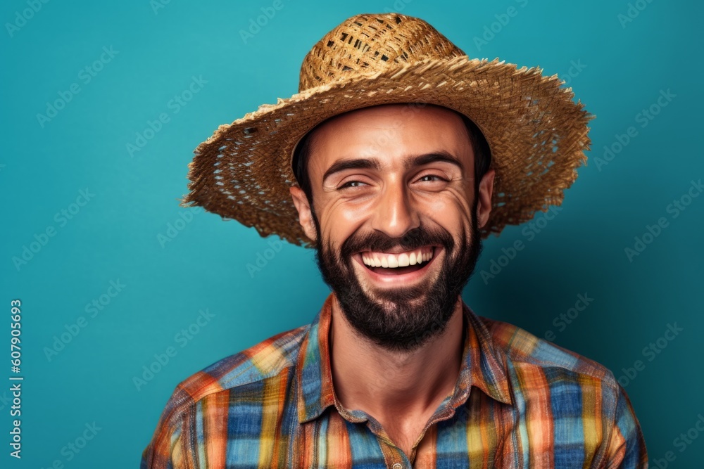 Portrait of a smiling young brazilian man in straw hat against blue background. Ai generated. Portrait of a smiling young brazilian man in straw hat against blue background. Ai generated.