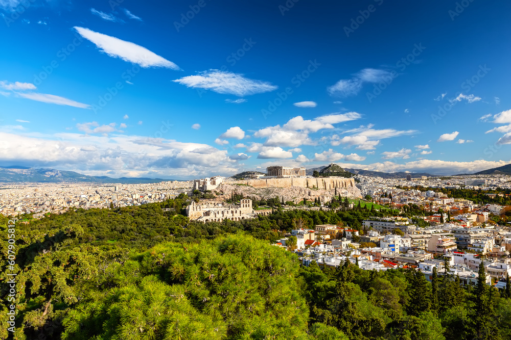 Athens with Acropolis hill, Greece. Old Acropolis is famous landmark of Athens.