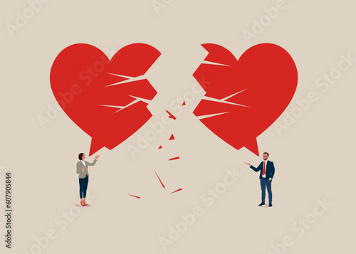 End of relationship. Symbol of misunderstanding, love problems, miscommunication, argument. End of family life. Vector illustration in flat style.