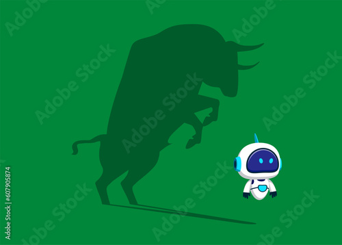 Robot standing bull shadow concept illustration. Trade exchange, green bull. Global economy boom. Flat vector illustration