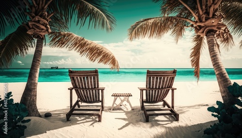 Chairs on Tropical Beach With Palm Trees On Coral Island