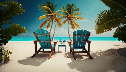 Chairs on Tropical Beach With Palm Trees On Coral Island