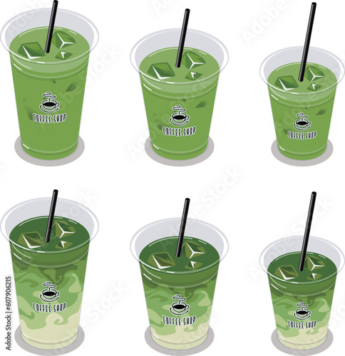 アイス抹茶ラテのアイソメトリックベクターイラスト