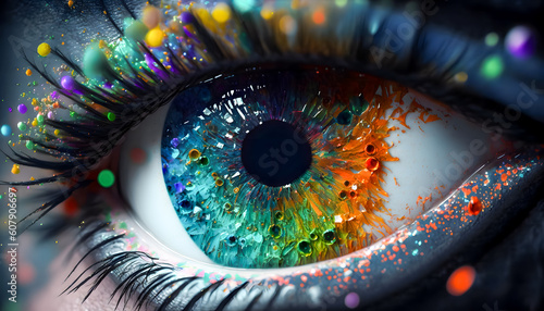 Macro female eye with multicolored fashion makeup. Concept holi indian color festival. Generation AI