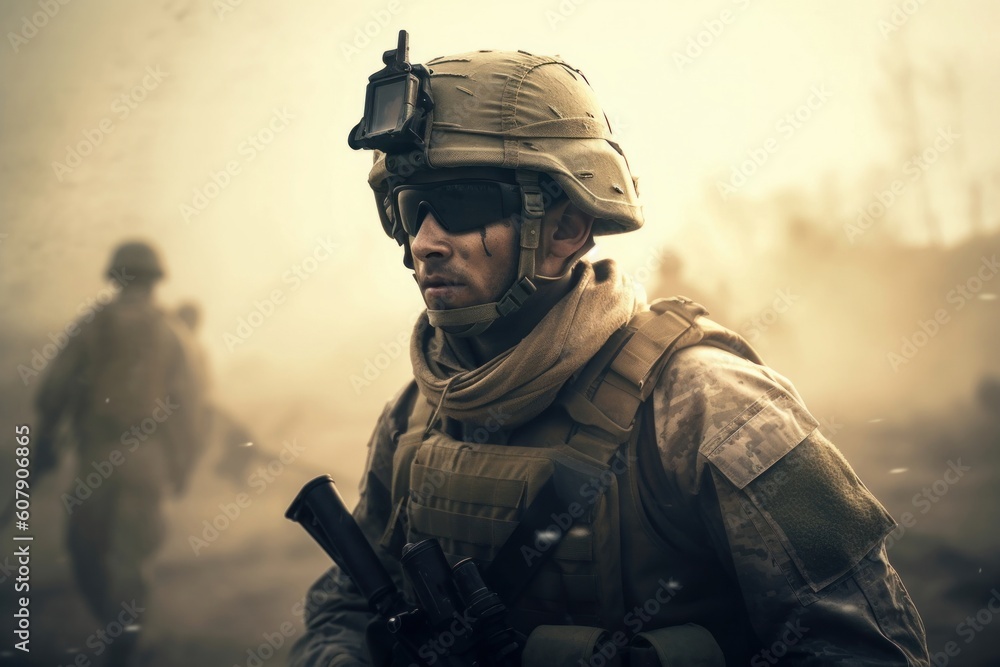 Fototapeta premium Concept art illustration of army soldier on war, Generative AI