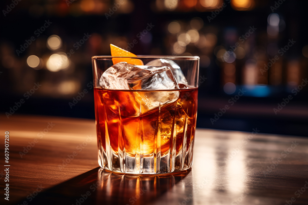Glass of Old Fashioned cocktail on bar table