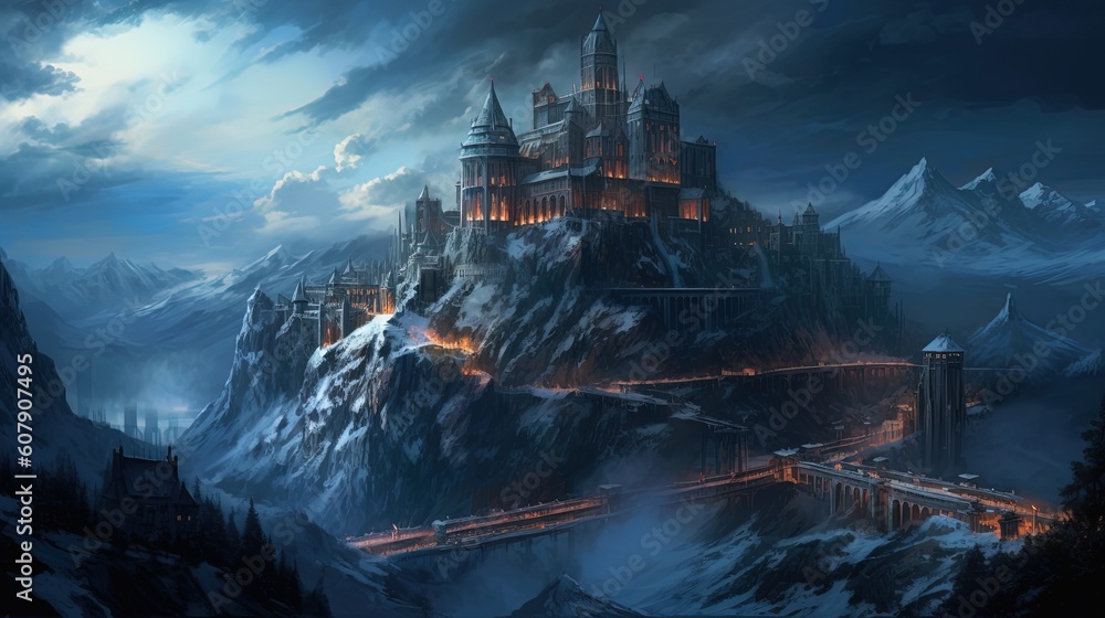 art illustration of fantasy fiction ancient castle city on mountain peak among natural scenery, Generative Ai