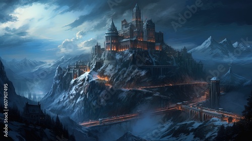 art illustration of fantasy fiction ancient castle city on mountain peak among natural scenery, Generative Ai © QuietWord