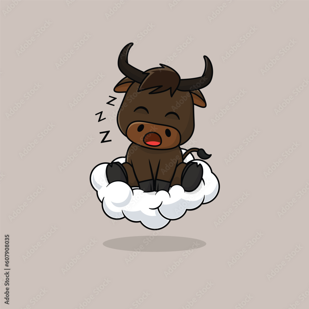 Vector cute baby bull cartoon sleeping on the cloud icon illustration. Flat cute animal vector illustration, flat icon sticker isolated. Vector cute baby bull cartoon sleeping on the cloud icon illustration. Flat cute animal vector illustration, flat icon sticker isolated.
