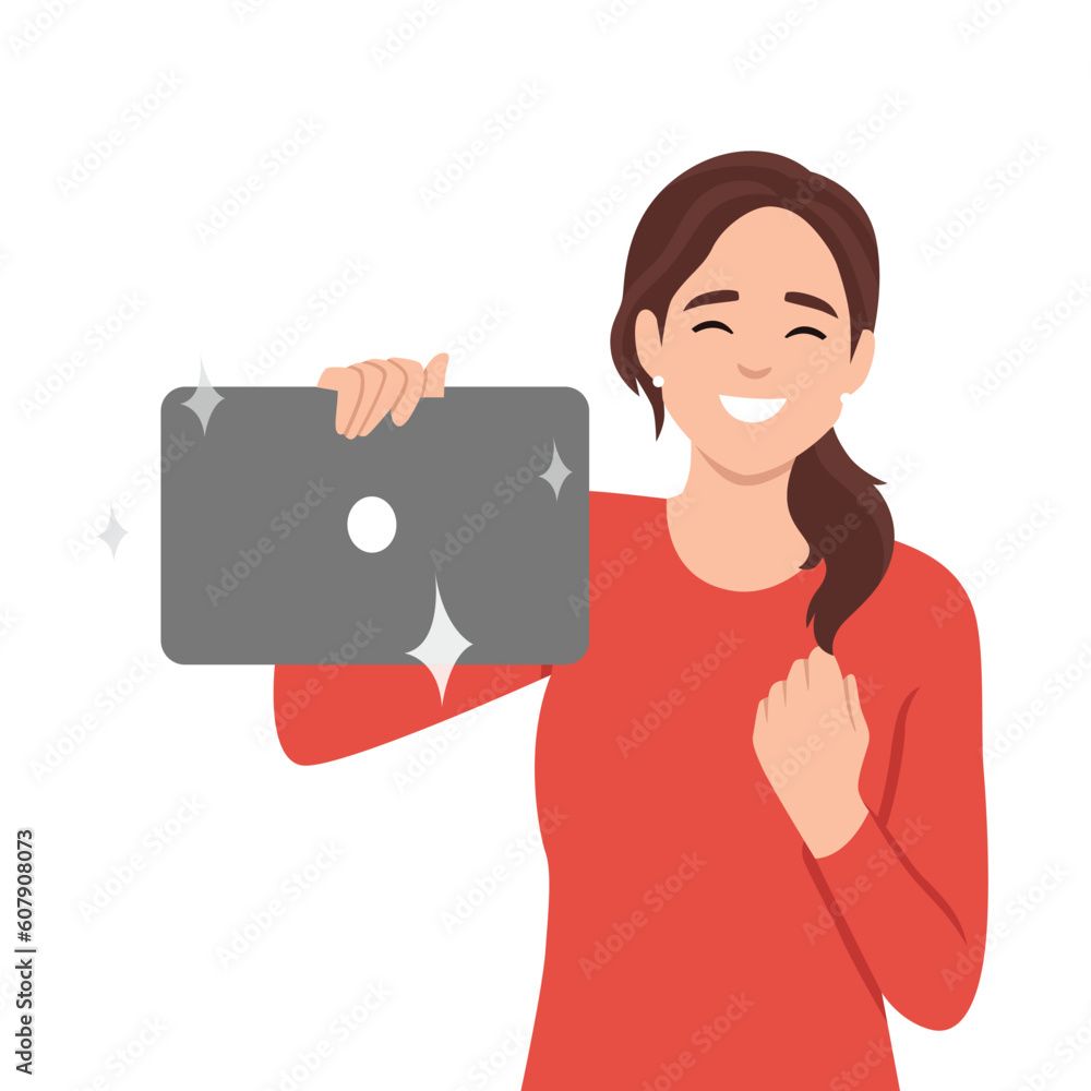 Young woman holding a new laptop computer. Trendy girl using latest digital device. Female character design illustration. Modern lifestyle, digital technology