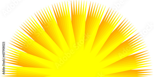 Bright vector sun icon isolated on blue background. Rising sun, sunrise or sunset, dawn,  sunshine and solar glow. The sun is shining. Decorative circle full and half sun and sunlight. 