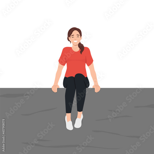 Young happy woman sitting alone on a ledge or edge of wall or cliff. Flat vector illustration isolated on white background