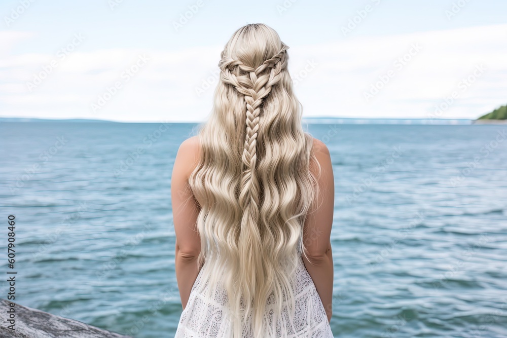 back portrait of beautiful pretty woman wearing vintage dress with braid hairstyle, a woman at sea shore, Generative Ai - obrazy, fototapety, plakaty 