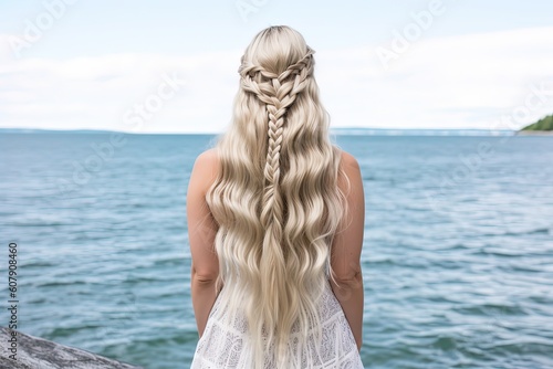 back portrait of beautiful pretty woman wearing vintage dress with braid hairstyle, a woman at sea shore, Generative Ai