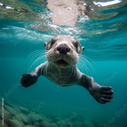 Illustration of cute otter diving underwater, Generative AI