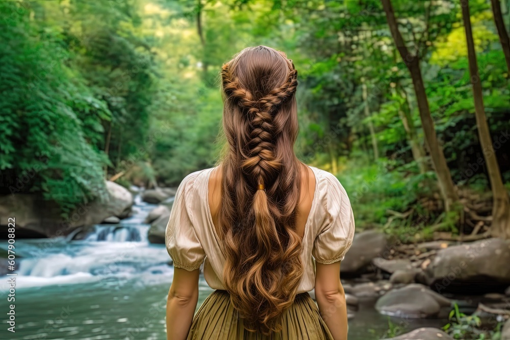 back portrait of beautiful pretty woman wearing vintage dress with braid hairstyle, a woman walking in forest with waterfall background, Generative Ai
