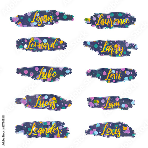 boy names that start with letter L, Logan, Laurence, Leonard, Larry, Luke, Levi, Lucas, Liam, Leander and Lexis, printable stickers, gift tags, labels, png file photo