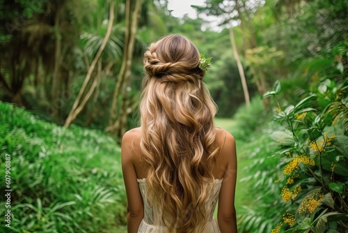back portrait of beautiful pretty woman wearing vintage dress with braid hairstyle, a woman walking in forest, Generative Ai