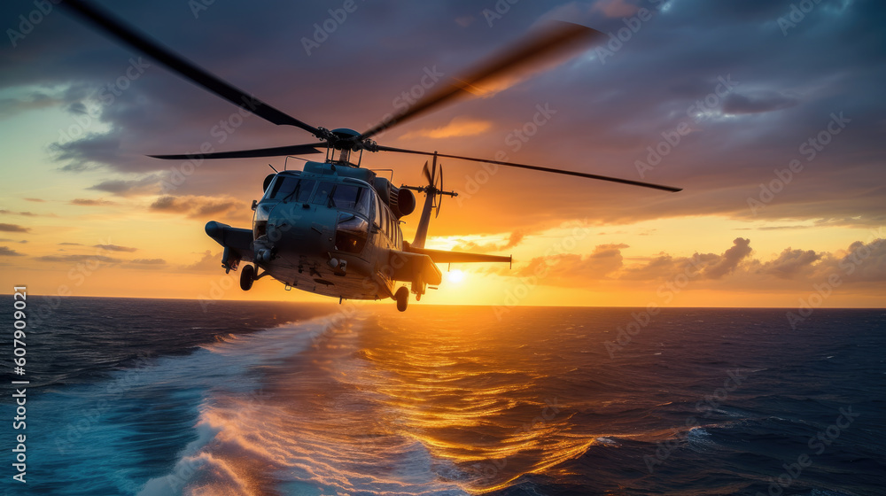 military helicopter doing emergency rescue on sea. generative ai military helicopter doing emergency rescue on sea. generative ai