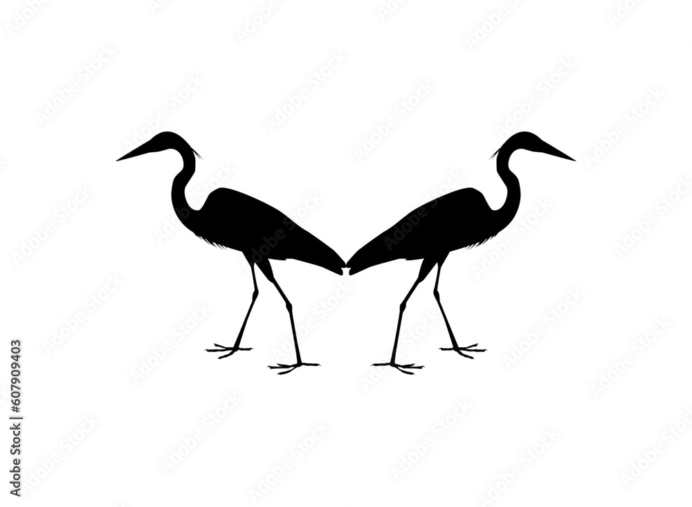 Pair of The Black Heron Bird (Egretta Ardesiaca), also known as the Black Egret Silhouette for Art Illustration, Logo, Pictogram, Website, or Graphic Design Element. Vector Illustration