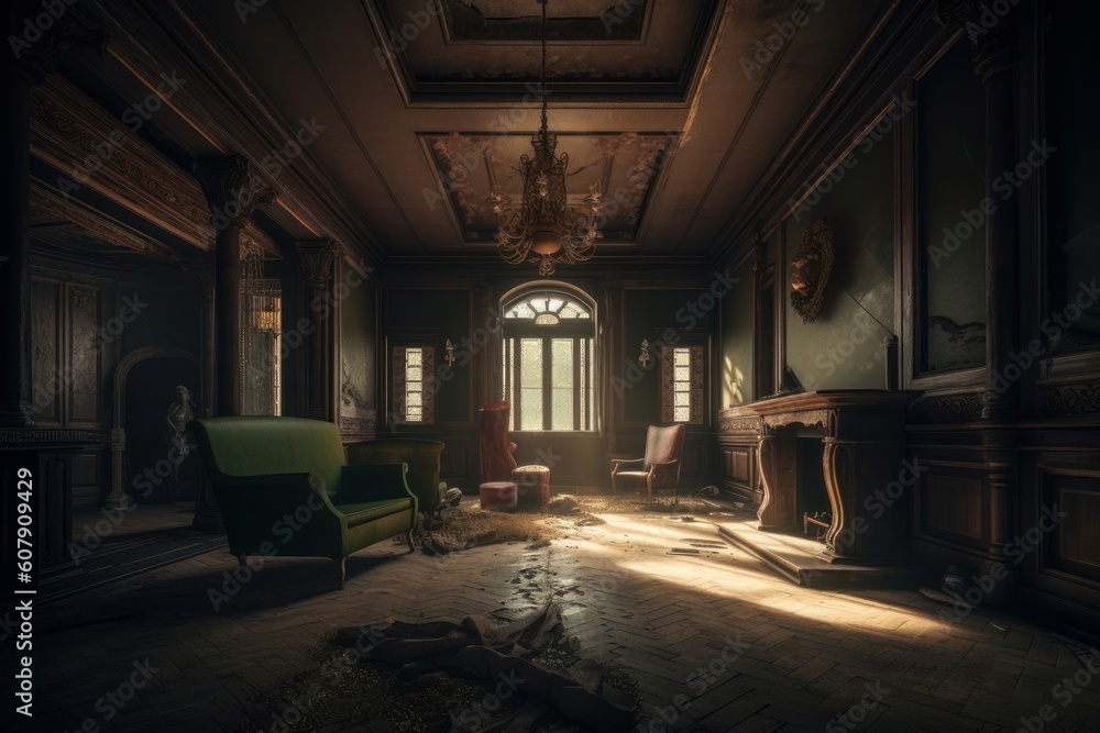 Generative AI illustration of abandoned manor interior Generative AI illustration of abandoned manor interior