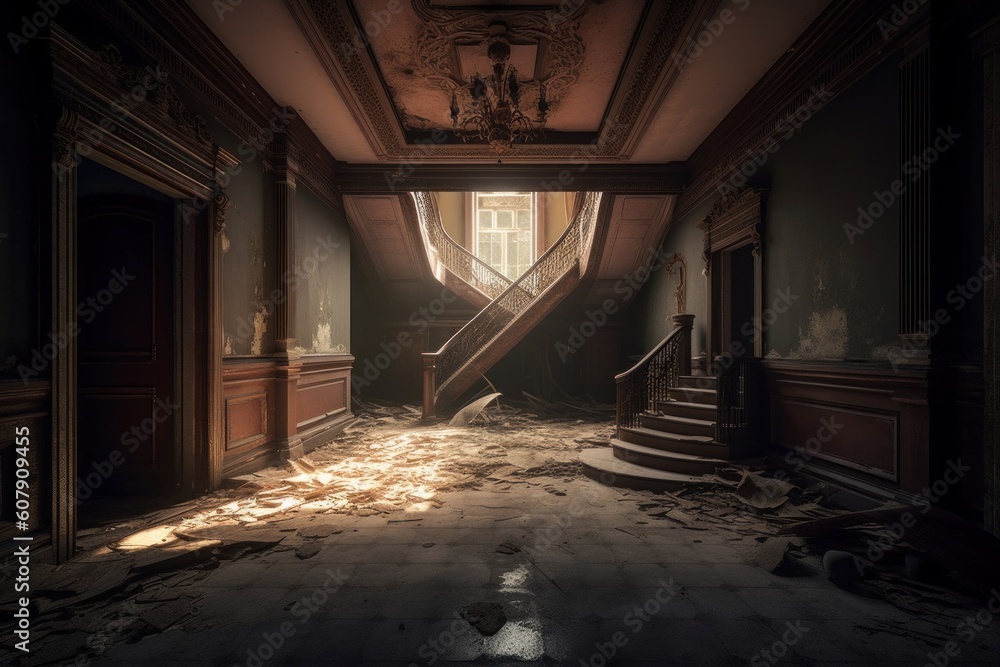 Generative AI illustration of abandoned manor interior Generative AI illustration of abandoned manor interior