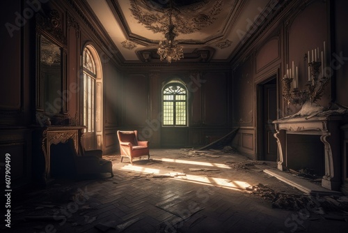 Generative AI illustration of abandoned manor interior