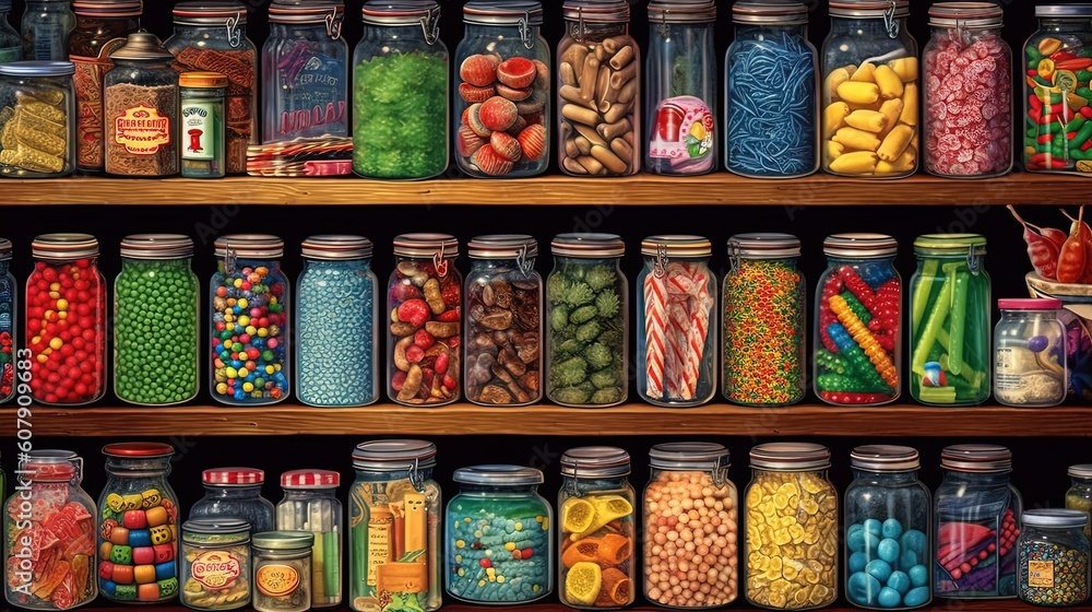 Obraz premium close up colorful candies and snack, abstract candy background organized in jar or bottle, Generative Ai