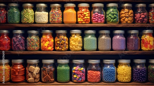 close up colorful candies and snack, abstract candy background organized in jar or bottle, Generative Ai