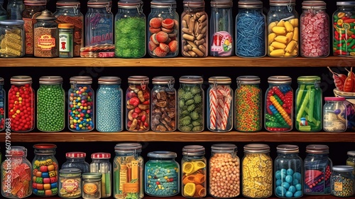 close up colorful candies and snack, abstract candy background organized in jar or bottle, Generative Ai