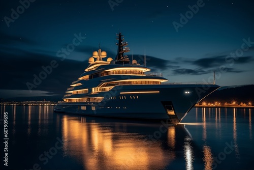 Generative AI illustration of superyacht at night photo