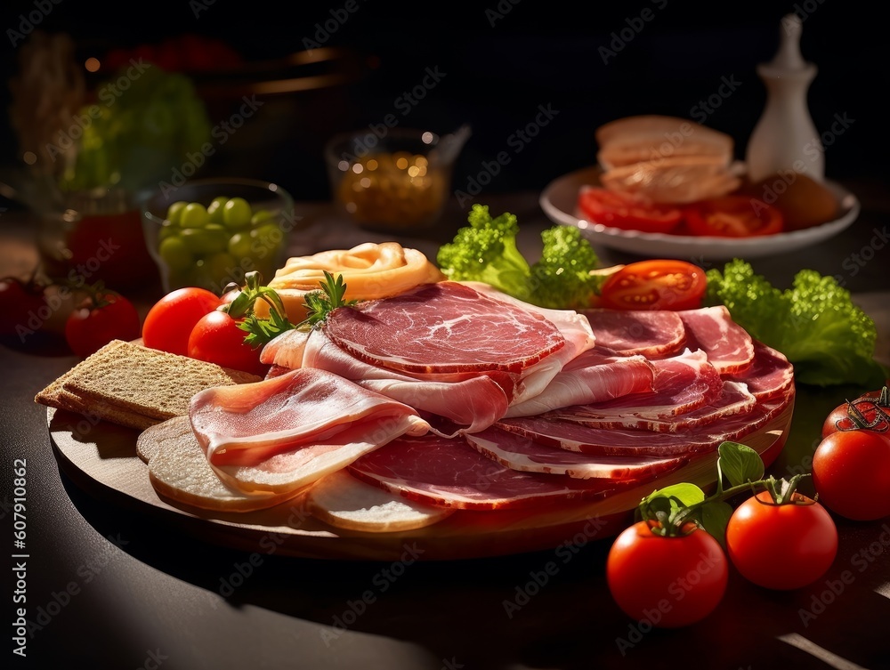 deli ham carefully arranged on a marble countertop with complementary garnishes such as lettuce and cherry tomatoes