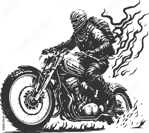 A motorized adventurer with a full-face helmet and backpack designs related to adventure, touring, and motorcycle club themes