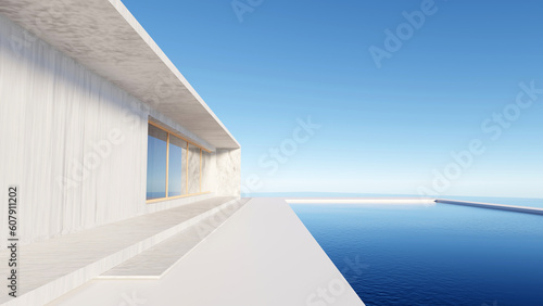 3d render surreal white minimal architecture background with geometric shapes, abstract fantastic design , landmark futuristic panoramic, futuristic scene with copy space, blue sky and cloudy. © TANATPON