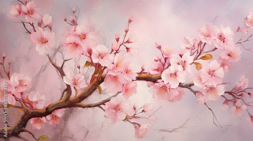 illustration of beautiful cherry blossom flowers background, Generative Ai
