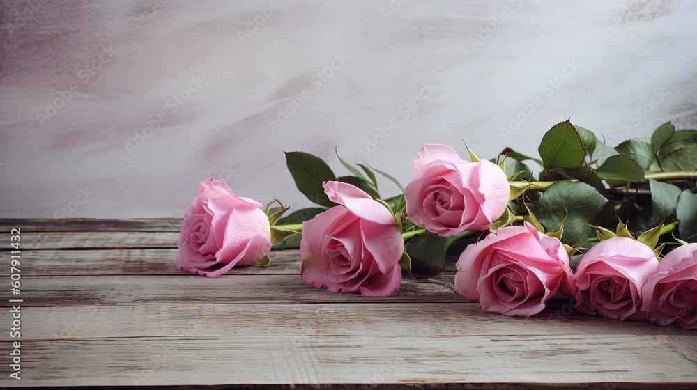 close up beautiful pink rose bouquet on wooden plank board, Generative Ai
