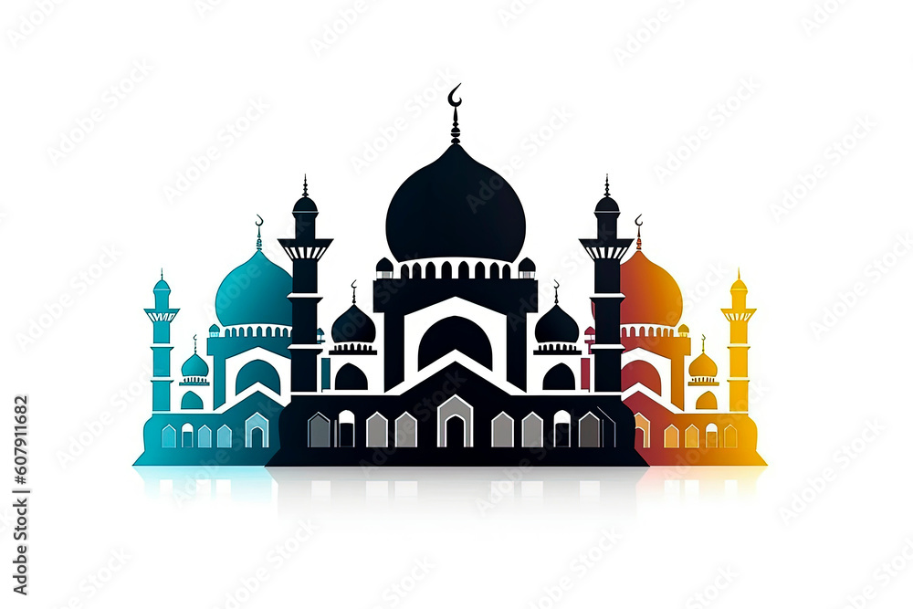 Generative AI illustration of Arabic muslim mosque icon in colors silhouette logo vector illustration design template