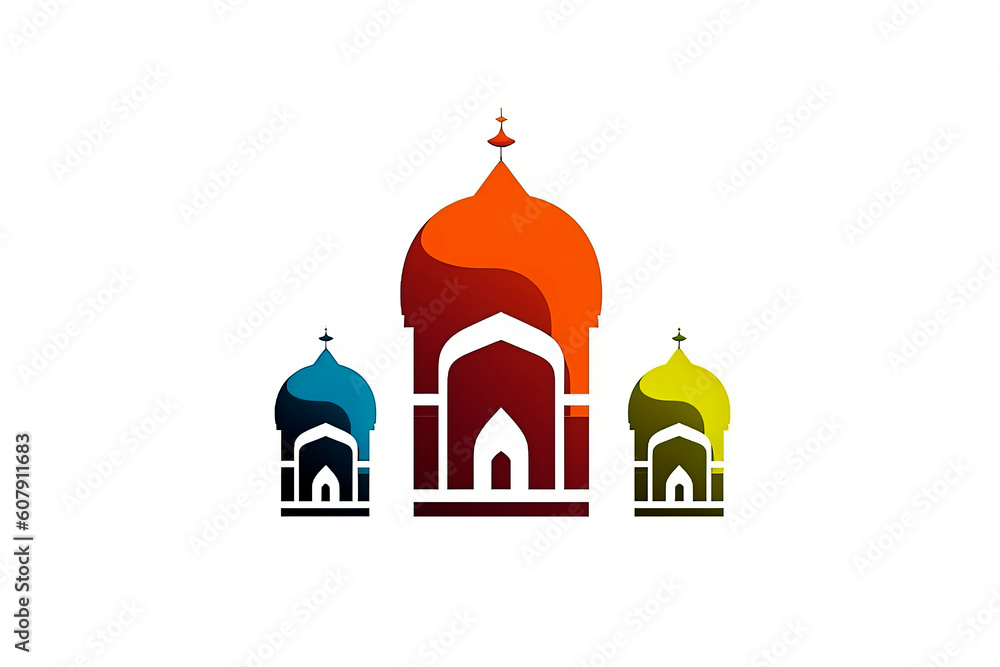 Generative AI illustration of Arabic muslim mosque icon in colors silhouette logo vector illustration design template